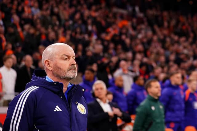 Scotland manager Steve Clarke looks on during the 4-0 defeat to Netherlands at the Johan Cruyff Arena, Amsterdam.