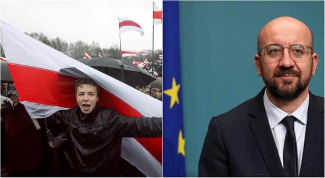Left, Journalist Roman Protasevic; right, European Council president Charles Michel.