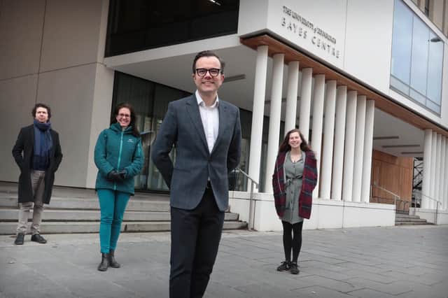 Left to right are Paul Patras of Net AI, Genevieve Patenaude of Earth Blox, Michael Rovatsos of Bayes Centre and Emma Carroll of OnGen. Picture: Stewart Attwood