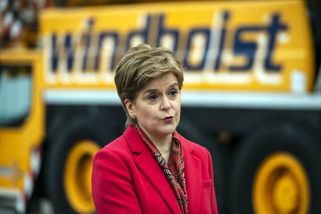 First Minister Nicola Sturgeon spoke on a visit to the turbine installation company, Windhoist in Irvine, on Scotland's south-east coast. Picture: Andy Buchanan - WPA Pool/Getty Images
