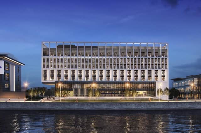 Situated on the south bank of the Clyde, the 150 'executive' bedroom hotel will feature seven storeys with a first floor split between conferencing and co-working space and a 'Skybar' offering views across the river to the iconic Finnieston Crane and beyond.