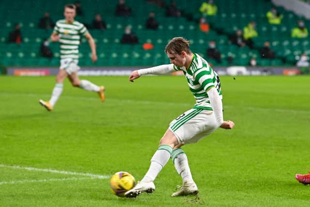 Cameron Harper shoots for goal during the first half of Celtic's clash with Hibs. Picture: SNS