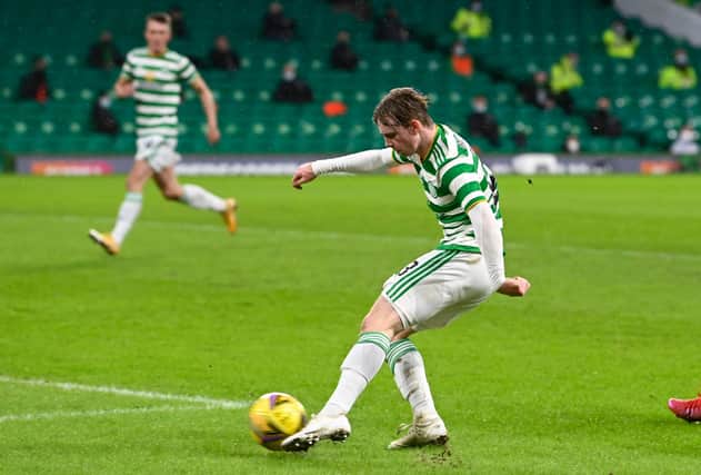 Cameron Harper shoots for goal during the first half of Celtic's clash with Hibs. Picture: SNS