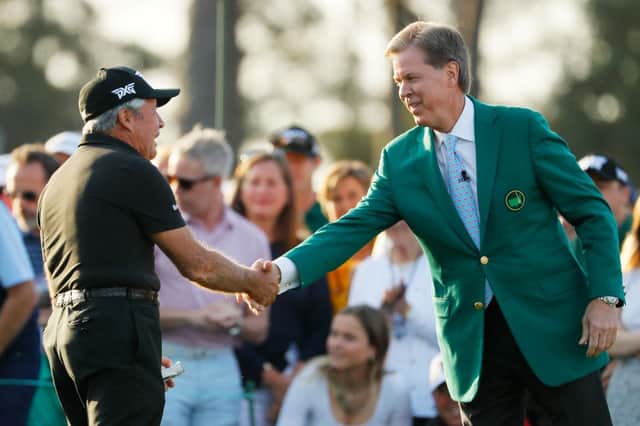 Honorary starter and Masters champion Gary Player with Masters Chairman Fred Ridley. Picture: Kevin C.  Cox/Getty Images.