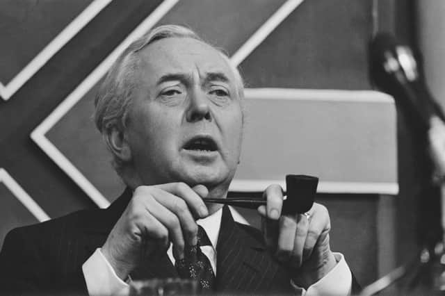 British Labour Prime Minister Harold Wilson (1916 - 1995)  at a meeting during the UK general election campaign, 26th February 1974. PIC: Reg Lancaster/Daily Express/Hulton Archive/Getty Images
