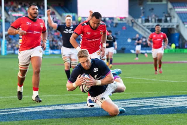 Kyle Steyn, in only his second Scotland appearance, scores his hat-trick try against Tonga. (Photo by Ross Parker / SNS Group)