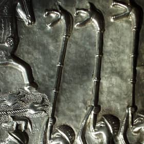 Three carnyx players depicted on the Gundestrup Cauldron, held in the National Museum of Denmark, Copenhagen