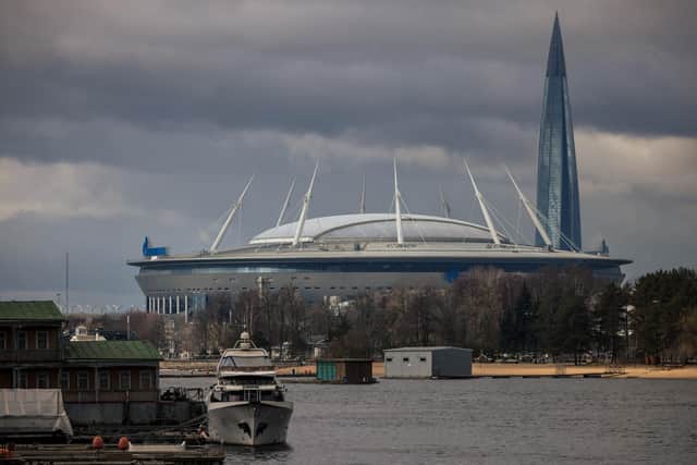 A picture taken on April 3, 2021 shows a general view of the Gazprom Arena stadium in St Petersburg.