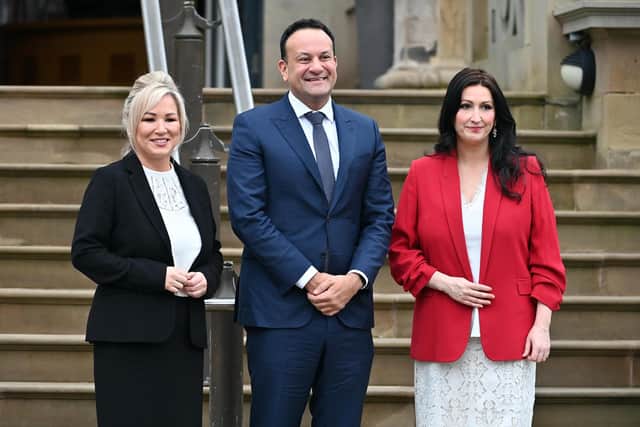 First Minister Michelle O'Neill, Taoiseach Leo Varadkar and Deputy First Minister Emma Little-Pengelly at Stormont Castle, Belfast, following the restoration of the powersharing executive.
