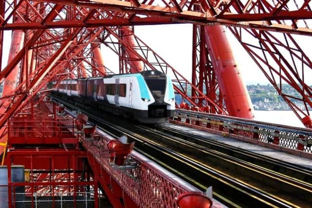 A visualisation of the Desiro Verve, Siemens Mobility's concept hydrogen or battery train for use on the British rail network, shown crossing the Forth Bridge. Picture: Siemens Mobility