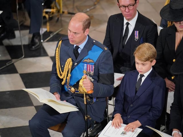 Prince William, Prince of Wales and Prince George of Wales during the State Funeral of Queen Elizabeth II, held at Westminster Abbey.