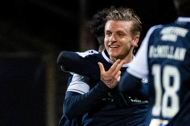 Jason Cummings celebrates after scoring in Dundee's 2-1 win over Inverness Caledonian Thistle on Tuesday. He has three goals in three starts for the Dens Park club (Photo by Ross MacDonald / SNS Group)