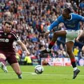 John Souttar blocks a shot from Joe Aribo during the Scottish Cup final between Hearts and Rangers at Hampden. (Photo by Sammy Turner / SNS Group)