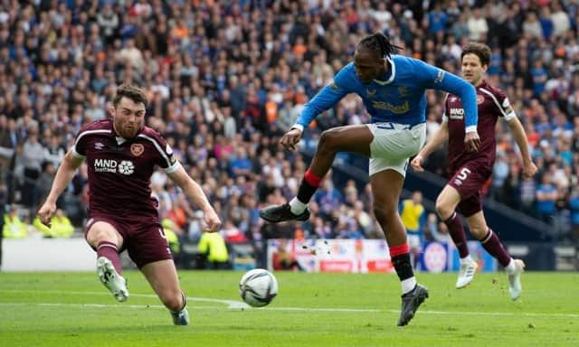 John Souttar blocks a shot from Joe Aribo during the Scottish Cup final between Hearts and Rangers at Hampden. (Photo by Sammy Turner / SNS Group)