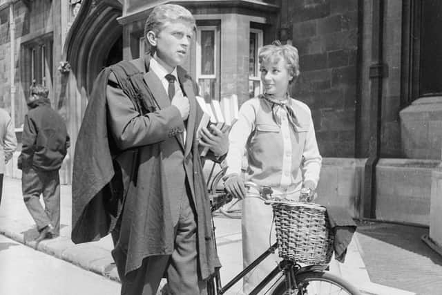 Syms with Hardy Kruger on location in Cambridge in 1958 for the filming of British comedy Bachelor of Hearts (Picture: BIPS/Getty Images)