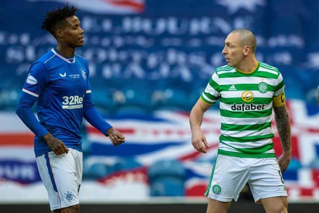 Celtic's Scott Brown (right) exchanges words with Rangers' Bongani Zungu during a Scottish Premiership match between Rangers and Celtic at Ibrox Stadium, on January 02, 2021, in Glasgow, Scotland (Photo by Craig Williamson / SNS Group)