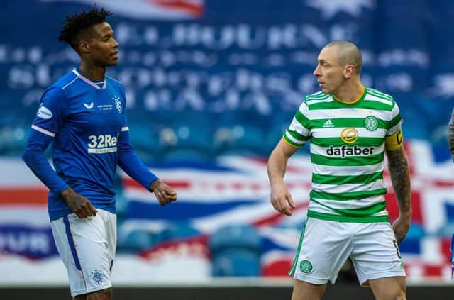 Celtic's Scott Brown (right) exchanges words with Rangers' Bongani Zungu during a Scottish Premiership match between Rangers and Celtic at Ibrox Stadium, on January 02, 2021, in Glasgow, Scotland (Photo by Craig Williamson / SNS Group)
