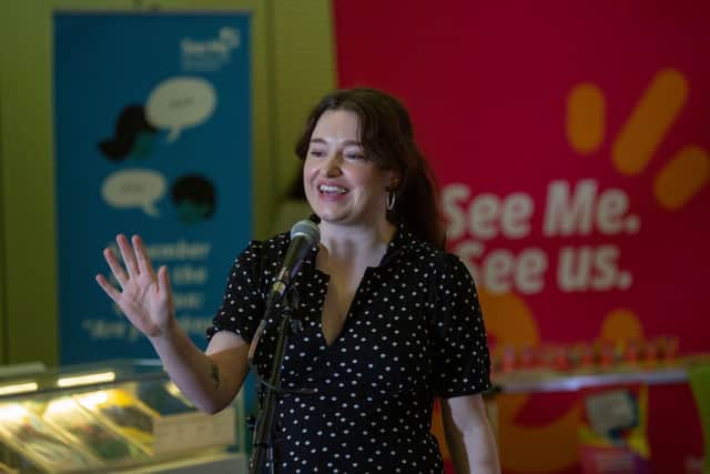 Mhairi McCall performing spoken word at See Me's Time to Talk Day event