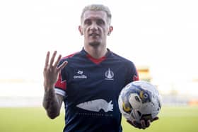 Falkirk's Callumn Morrison with the match ball after scoring all four goals in the 4-1 win over Edinburgh City. (Photo by Ross MacDonald / SNS Group)