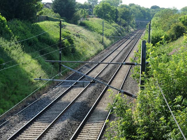 Train tracks passing the old Reston Station on the East Coast Mainline.
