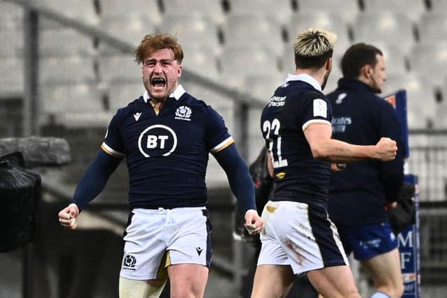 Scotland captain Stuart Hogg celebrates the last-gasp win over France in Paris in the final match of the 2021 Six Nations. Photo by Anne-Christine Poujoulat/AFP via Getty Images
