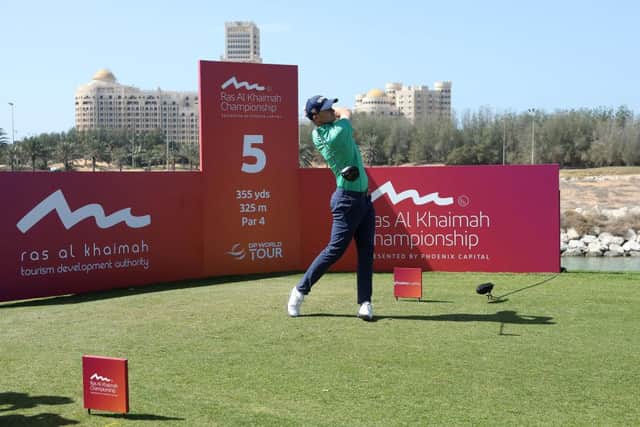David Law tees off on the fifth hole during the final round of the Ras al Khaimah Championship presented by Phoenix Capital at Al Hamra Golf Club. Picture: Andrew Redington/Getty Images.
