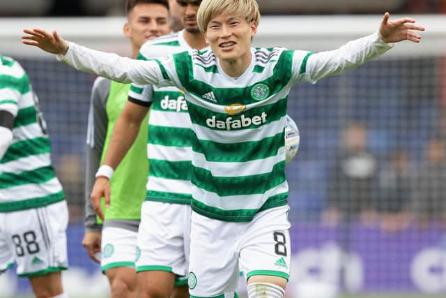 Celtic's  Kyogo Furuhashi celebrates scoring in the last Dingwall meeting with Ross County, which ended 3-1 to the visitors  three weeks ago. With Rangers and Real Madrid up in the next seven days for Ange Postecglou's men, the Highland club may be spared requiring to quell the quicksilver Japanese forward, who has six goals already this season. (Photo by Craig Williamson / SNS Group)
