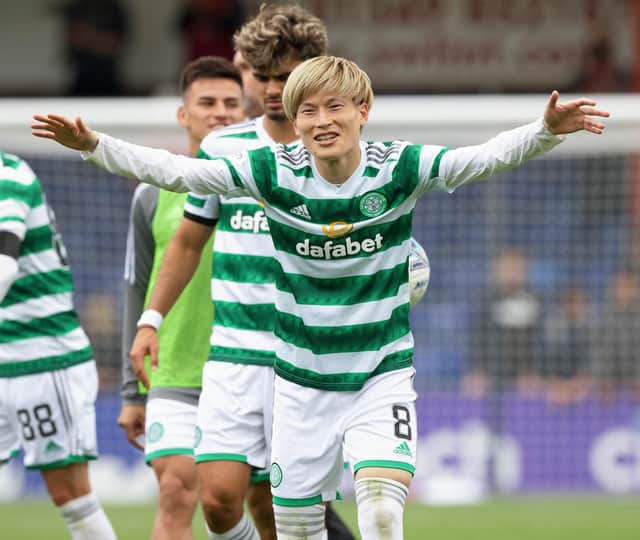 Celtic's  Kyogo Furuhashi celebrates scoring in the last Dingwall meeting with Ross County, which ended 3-1 to the visitors  three weeks ago. With Rangers and Real Madrid up in the next seven days for Ange Postecglou's men, the Highland club may be spared requiring to quell the quicksilver Japanese forward, who has six goals already this season. (Photo by Craig Williamson / SNS Group)