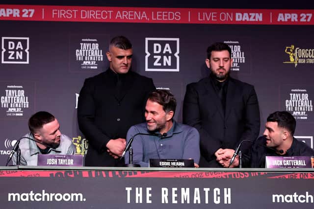 Josh Taylor and Jack Catterall exchange words ahead of the fight in Leeds.