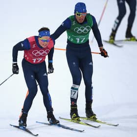Scotland's Andrew Musgrave and Andrew Young, representing Team GB, handover during the cross country men's team sprint free semi final at the PyeongChang 2018 Winter Olympic Games. Picture by Matthias Hangst/Getty Images