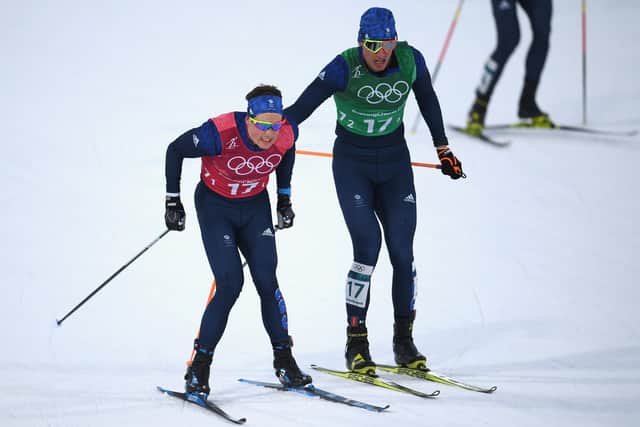 Scotland's Andrew Musgrave and Andrew Young, representing Team GB, handover during the cross country men's team sprint free semi final at the PyeongChang 2018 Winter Olympic Games. Picture by Matthias Hangst/Getty Images
