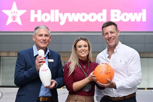 Patrick Robbertze, centre director at The Centre, Livingston; Laura MacDougall, centre manager for Hollywood Bowl Livingston; Simon Eatough, director at LCP UK, part of M Core and asset manager to The Centre, Livingston. Picture: Greg Macvean