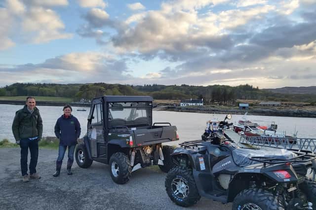 Marc Monsarrat of vehicle supplier Off-Road Electric and Ulva development manager Wendy Reid with the island's new electric utility task vehicle and quad bike. Picture: Andy Primrose