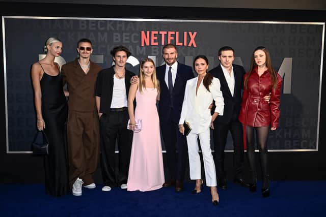 Together in 2023, Mia Regan and then boyfriend Romeo Beckham, Cruz, Harper, David and Victoria Beckham, Brooklyn and Nicola Peltz Beckham; the latter two couples have fallen out (Picture: Gareth Cattermole/Getty Images)