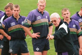 Jim Telfer working with the Scotland squad at Marr Rugby Club during the 1999 Rugby World Cup. Picture: PA