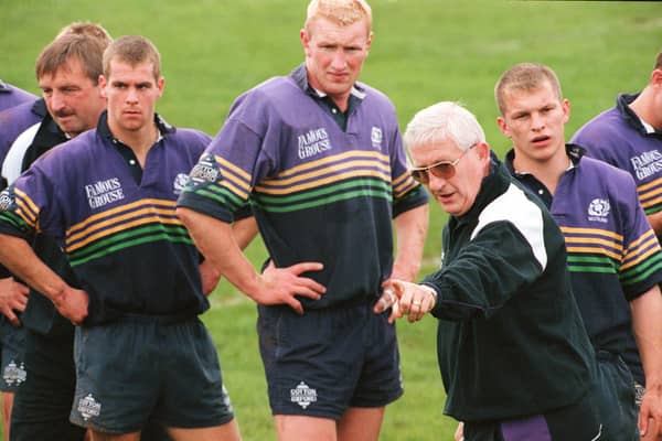 Jim Telfer working with the Scotland squad at Marr Rugby Club during the 1999 Rugby World Cup. Picture: PA