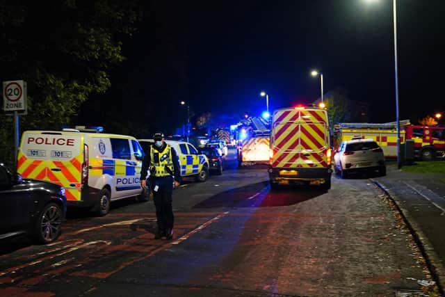 Police at the scene at Kincaidston Drive, Ayr, as three people have been taken to hospital following a large explosion at a house in Gorse Park, Ayr. Picture date: Monday October 18, 2021.