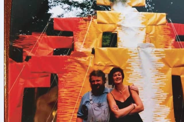 Arthur Watson and curator Clare Henry beside Watson's piece, Across the Sea