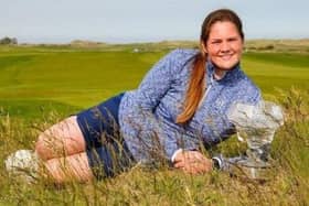 Milngavie's Lorna McClymont poses with the trophy after winning the Flogas Irish Women's Open Amateur at County Louth by four shots. Picture: Golf Ireland.