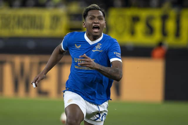 Alfredo Morelos celebrates his second goal for Rangers during the 4-2 win over Borussia Dortmund in Germany. (Photo by Alan Harvey / SNS Group)