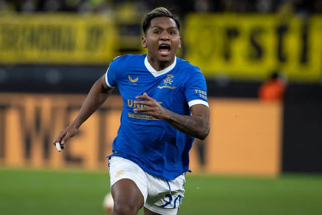 Alfredo Morelos celebrates his second goal for Rangers during the 4-2 win over Borussia Dortmund in Germany. (Photo by Alan Harvey / SNS Group)