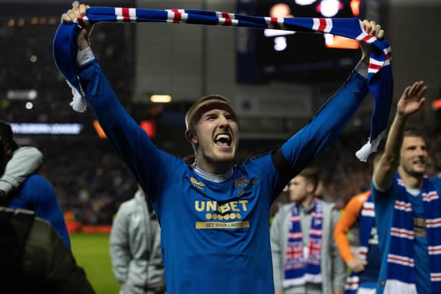 John Lundstram celebrates at full time after Rangers' 3-1 win over RB Leipzig in the Europa League semi-final second leg at Ibrox. (Photo by Craig Williamson / SNS Group)