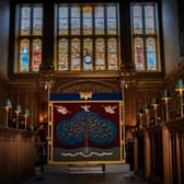 The anointing screen, which will be used in the coronation of King Charles III and has been handmade by the Royal School of Needlework, is seen in the Chapel Royal at St James's Palace in London