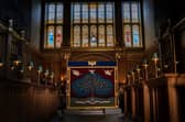 The anointing screen, which will be used in the coronation of King Charles III and has been handmade by the Royal School of Needlework, is seen in the Chapel Royal at St James's Palace in London