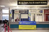 A desk at the international arrivals gate set up to assist Ukrainian refugees at Gatwick Airport.