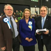 Alex Salmond, leader of the Alba Party,  with Aberdeenshire Council candidates (left to right) Iain Cameron, Trish McPherson and Charlotte Cross.