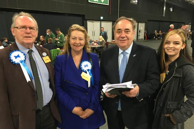 Alex Salmond, leader of the Alba Party,  with Aberdeenshire Council candidates (left to right) Iain Cameron, Trish McPherson and Charlotte Cross.