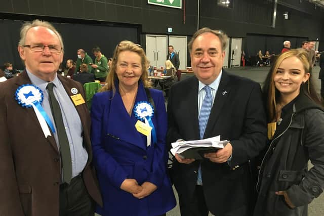 Alex Salmond, leader of the Alba Party, with Aberdeenshire Council candidates (left to right) Iain Cameron, Trish McPherson and Charlotte Cross.
