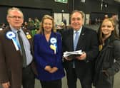 Alex Salmond, leader of the Alba Party,  with Aberdeenshire Council candidates (left to right) Iain Cameron, Trish McPherson and Charlotte Cross.