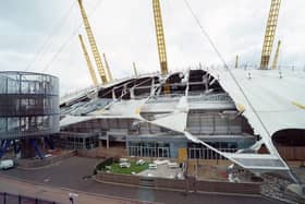 Damage to the roof of the O2 Arena in south east London, caused by Storm Eunice. Picture: Stefan Rousseau/PA Wire